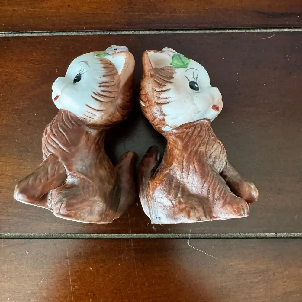 VTG Kitten Cat Anthropomorphic  Salt Pepper Shakers Stoppers MCM Bow Flower - Picture 6 of 13